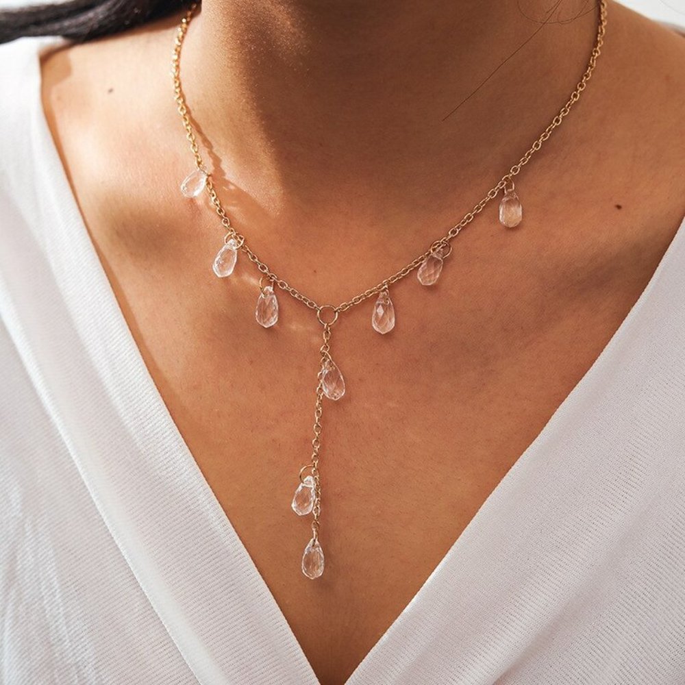 Water Drop Clear Crystal Pendant Gold Strand Necklace